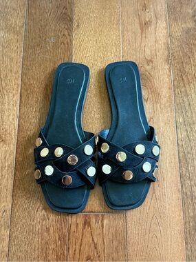 H&M Black Gold Studded Slide Sandals